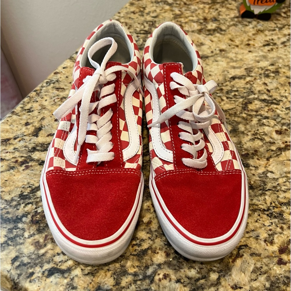 Vans  red suede/white checkers 8.5 women, 7 men, used 4 times